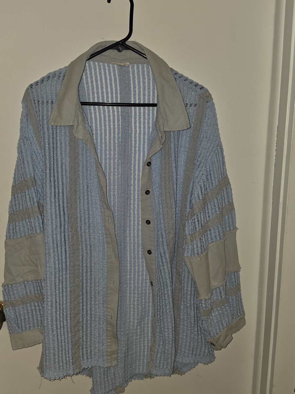 POL Blue and Gray Open-Knit Shirt Jacket